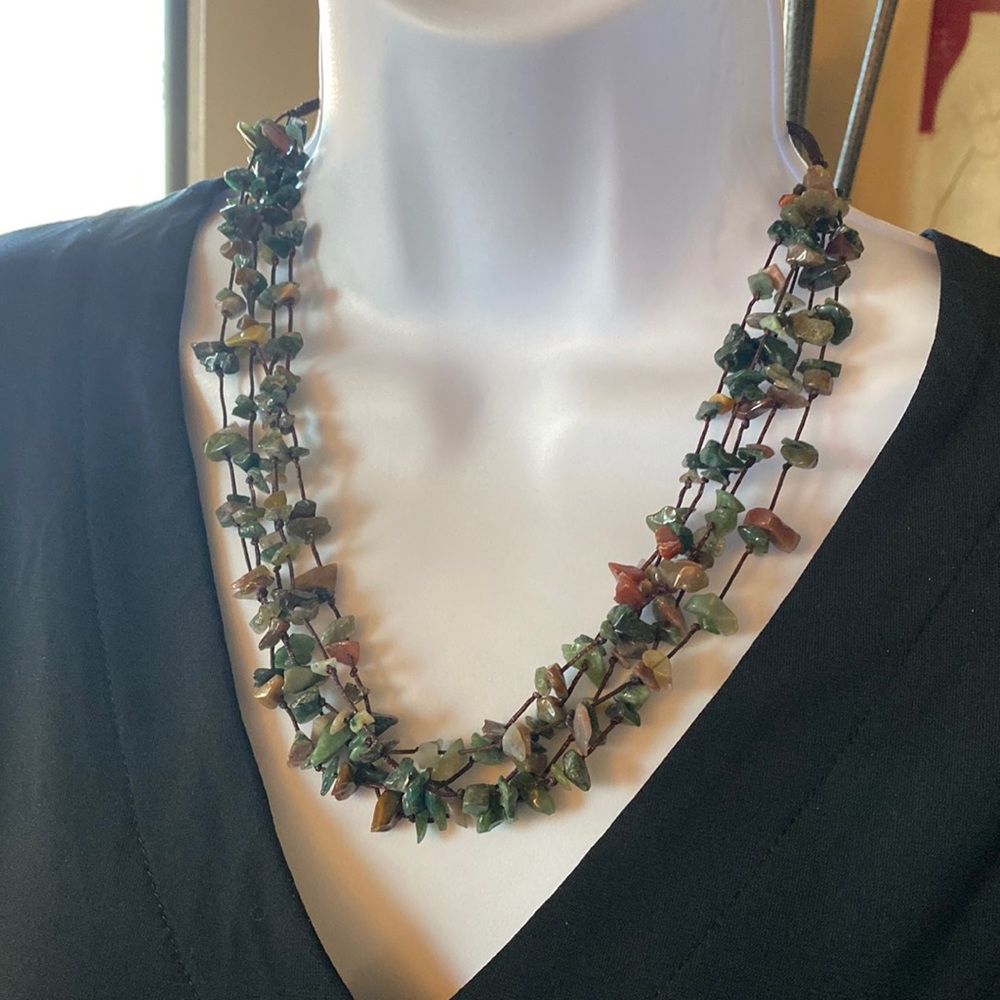 5-Strand Multi Gemstone Necklace 20” - Shades of Green, Brown, Cream & Pink